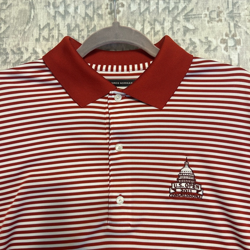 Congressional US Open Greg Norman Collection Red and White Striped Polo Shirt